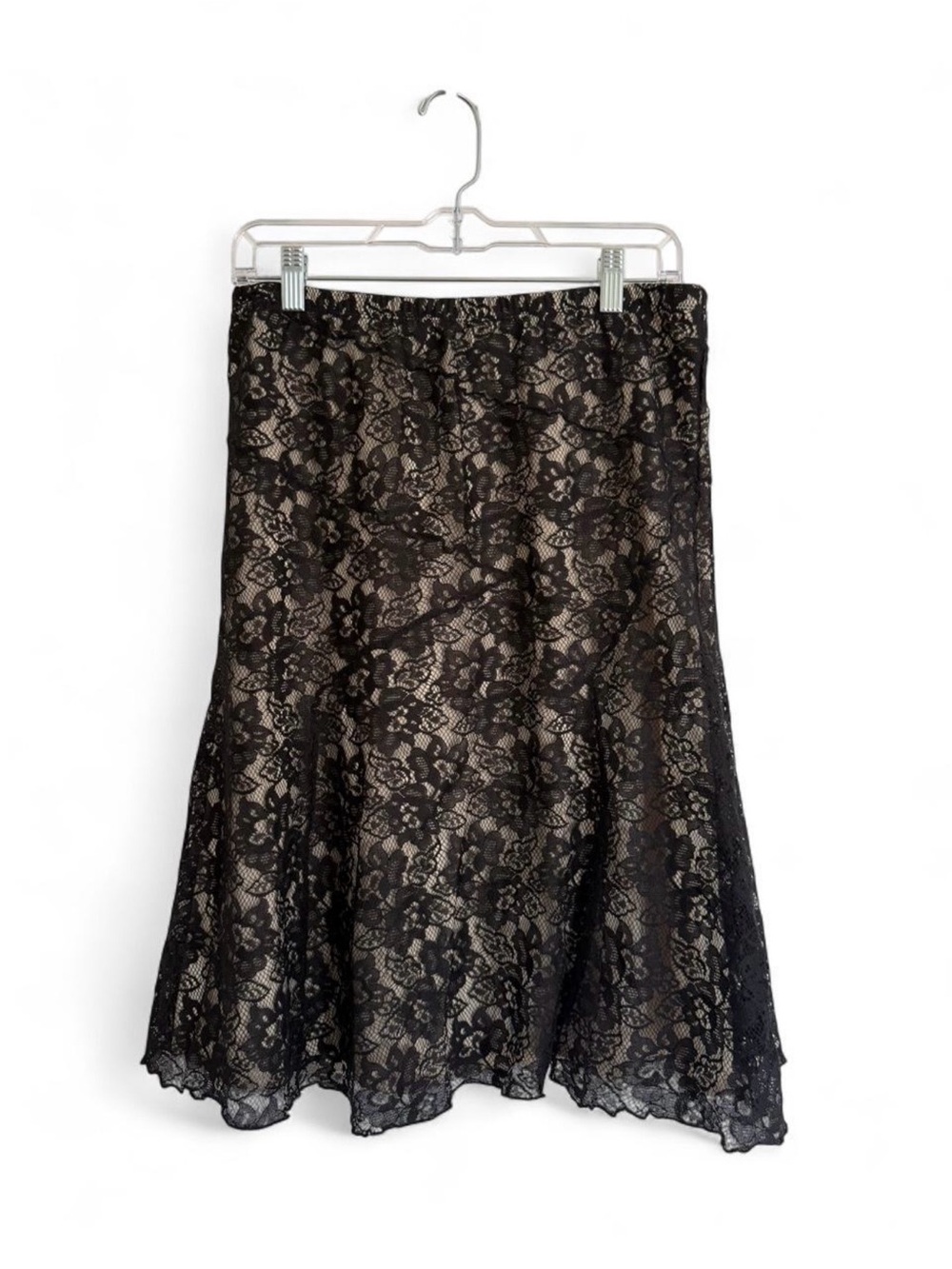 Worthington Black Lace Midi Skirt Nude Lining Whimsigoth Y2K Mall Goth Flared 10